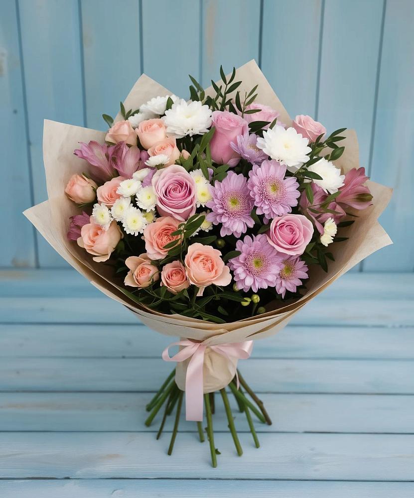 Букет цветов из: Хризантемы, Розы и Альстромерии в Краасномайский