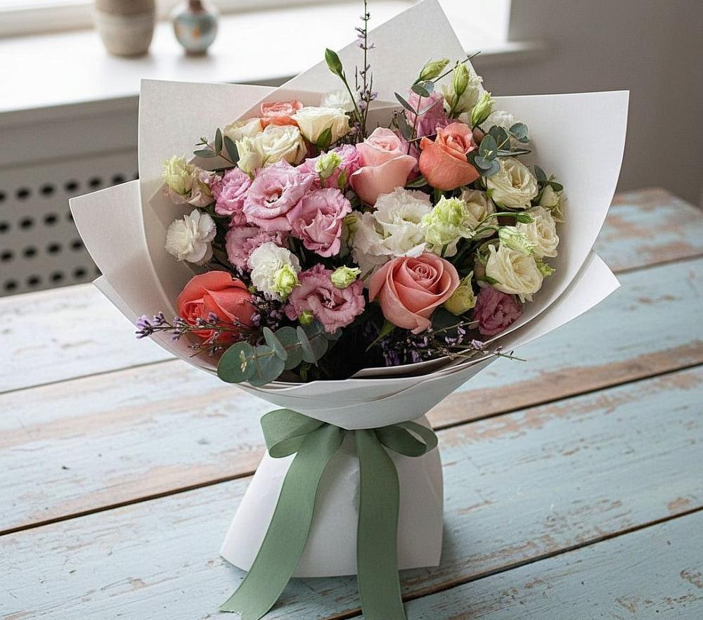 Букет цветов из: Розы, Лизиантусы и Гвоздики в Краасномайский