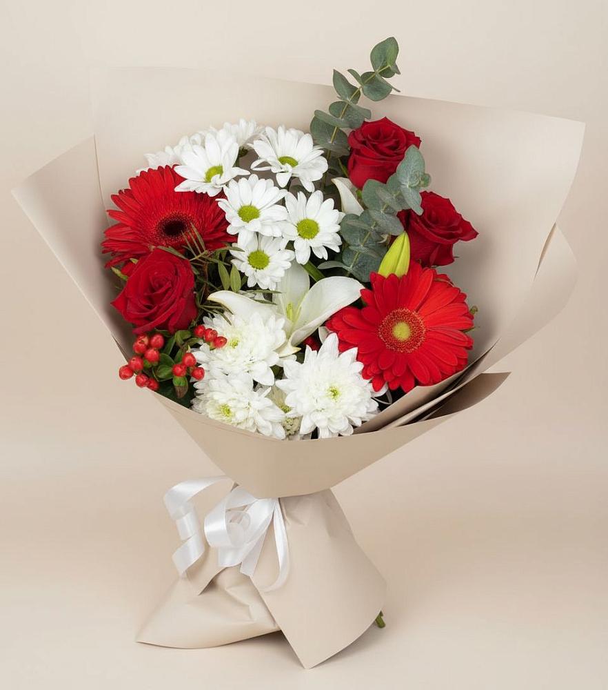 Букет цветов из: Розы, Хризантемы, Герберы и Лилии в Краасномайский