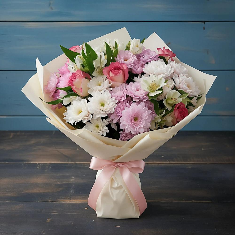 Букет цветов из: Хризантемы, Альстромерии и Розы в Краасномайский